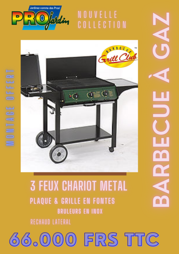 BARBECUE 3 FEUX AVEC RECHAUD - CHARIOT METAL
