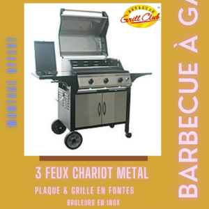 BARBECUE 3 FEUX AVEC HOTTE INOX - CHARIOT METAL