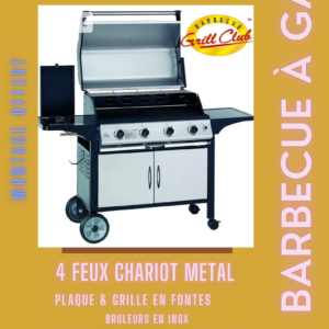 BARBECUE 4 FEUX HOTTE - RECHAUD -  CHARIOT METAL FACADE INOX