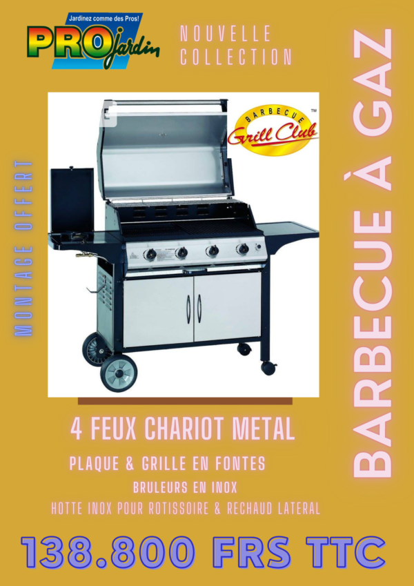 BARBECUE 4 FEUX HOTTE - RECHAUD -  CHARIOT METAL FACADE INOX